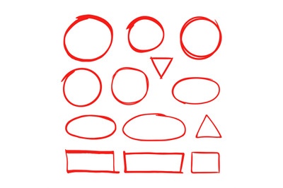 Red hand drawn shapes marker for highlighting text isolated on white b