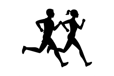 Running man and woman black vector silhouettes