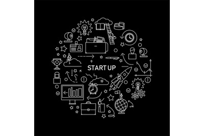 Start Up vector concept with line icons on black background