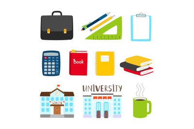 Teachers and students tools icons. Vector subjects for study cartoon c