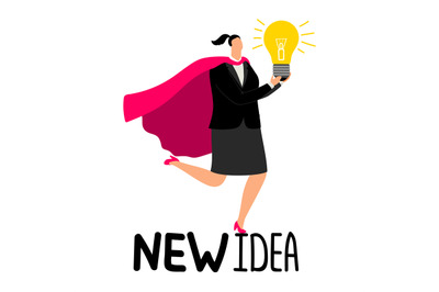 Woman in superhero cloak with light bulb - new idea vector illustratio