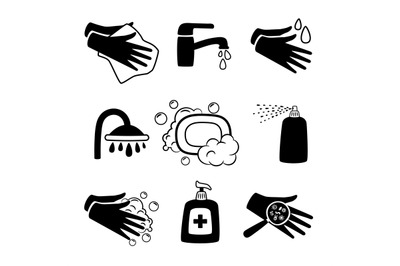 Hygiene black icons. Antiseptic cream and hands washing, antibacterial