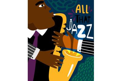 Jazz poster. Clubbing sax music placard contemporary style, saxophonis