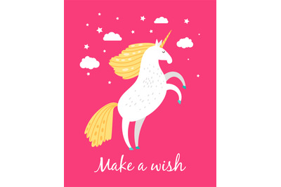 Hand drawn unicorn. Unique art fairytale unicorn pink print for girls