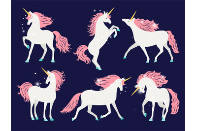 White unicorn with pink mane. Cartoon pretty unicorn horse with rose m