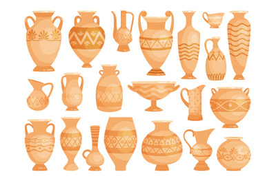 Greek vases. Ancient decorative pots isolated on white, vector old ant