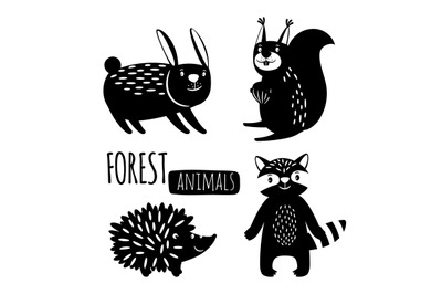 Black and white forest animals vector silhouettes