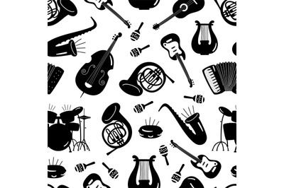 Black and white music instruments seamless pattern design