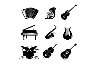 Black and white vector music instruments icons isolated on white backg