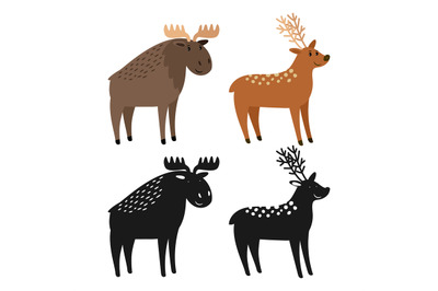 Cartoon character moose and deer and animal silhouettes vector illustr