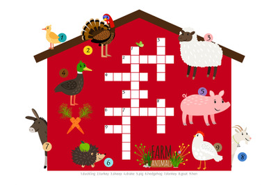 Farm animals vector kids crossword template isolated