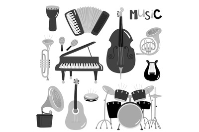 Monochrome vector music instruments of collection isolated