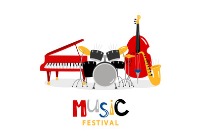 Music festival background with color music instruments isolated on whi