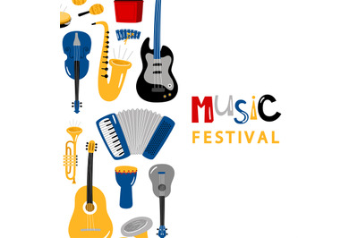 Music festival banner with cartoon character instruments vector design