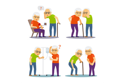 Old man and woman sick. Old mens&2C; womens disease vector illustration