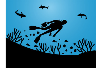 Undersea life silhouettes with scuba diver vector background