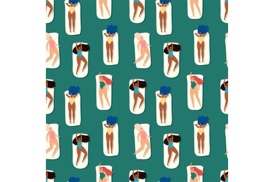 Women swimming and relaxing seamless pattern, vector summer time textu