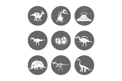 Dinosaur icons vector. Dinosaur egg and volcano, dinosaur skeleton and