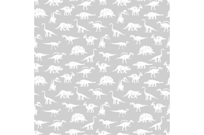 White silhouettes different dinosaurus vector seamless pattern