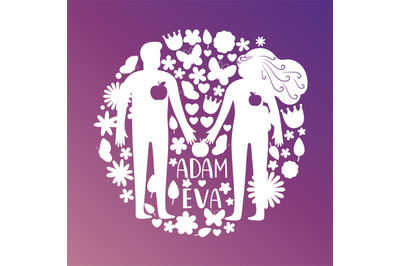 Adam and eve silhouettes&2C; couple in love with flowers and birds vector