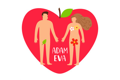 Adam and eve. Bible genesis vector illustration with naked woman, man