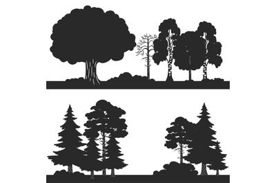 Black vector forest trees of set silhouettes background