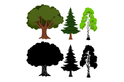 Forest tree vector elements. Green ans black silhouettes trees