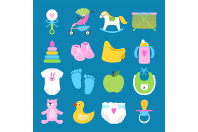 Babies vector set. Toys, clothes and diapers icons