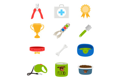 Dogs accessorises, food, toys, aid box vector icons