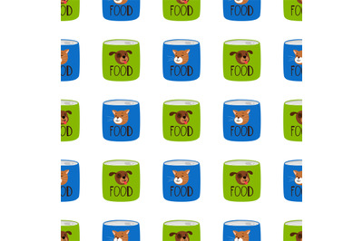 Pet shop seamless pattern. Preserve food for cats and dogs vector text