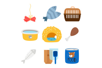 Vector accessories and food for cats icons set