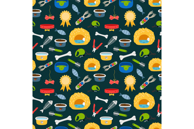 Vector pets accessories colorful seamless pattern. Dogs and cats food,