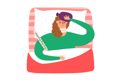 Cartoon sick woman lying in bed with thermometer