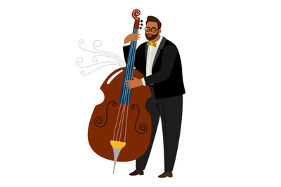 Jazz man contrabassist, vector cartoon character with instrument