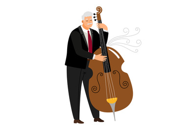 Vrtuoso contrabassist man, player jazz contrabass vector