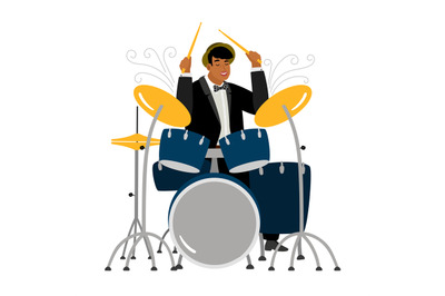 Jazz drummer playing isolated on white background