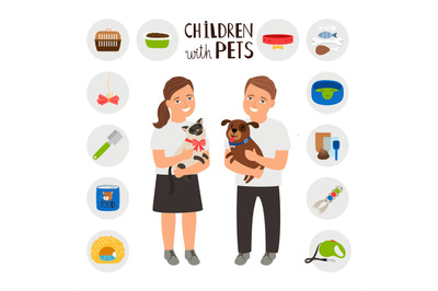 Children boy and girl with pets cat and dog