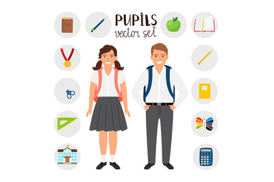 Pupils boy and girl. Icons set tools stationary for school. Vector ill