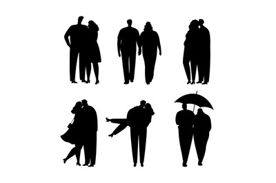 Collection of black silhouettes of couples in love. Vector illustratio