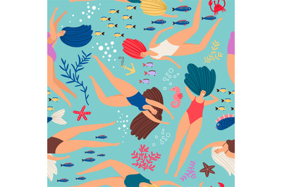 Swimmers girls underwater pattern with color fish