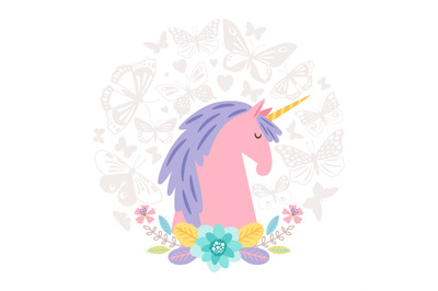 Unicorn dream flat on round background with butterfly