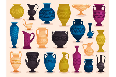 Set of colored antique vases. Vector illustration