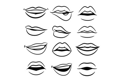 Black and white comic female lips vector set