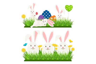 Cartoon character easter bunnies and eggs vector design