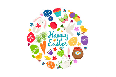 Cartoon spring happy easter printable vector banner with eggs, bunnies