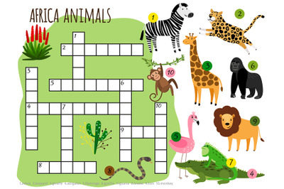 Exotic african animals vector crossword for children