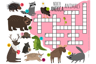 Cartoon north america animals kids crossword vector design