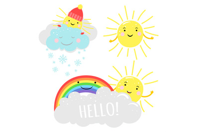 Cute sunny vector illustration with cartoon sun, clouds and rainbow