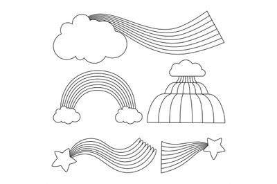 Line black and white rainbows with clouds and stars vector template fo