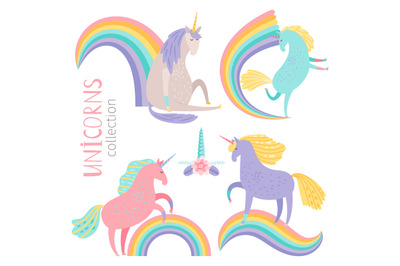 Vector cartoon character unicorns and rainbows isolated on white backg